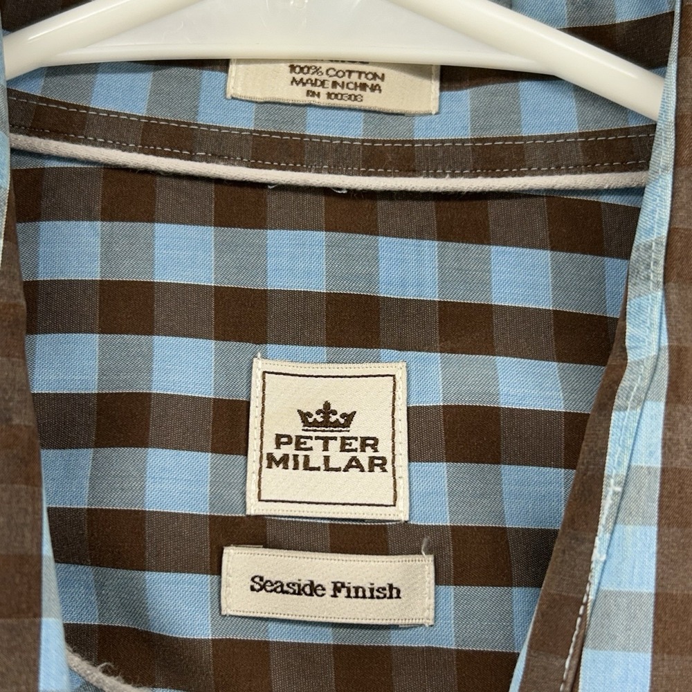 Peter Millar Seaside Finish Shirt Men Size Large Checked Blue Brown Long Sleeve - Picture 3 of 8
